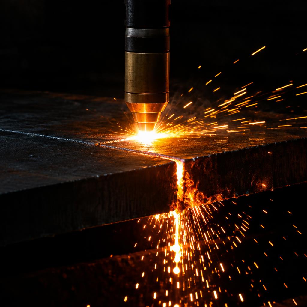 Plasma cutter cutting through thick steel plate